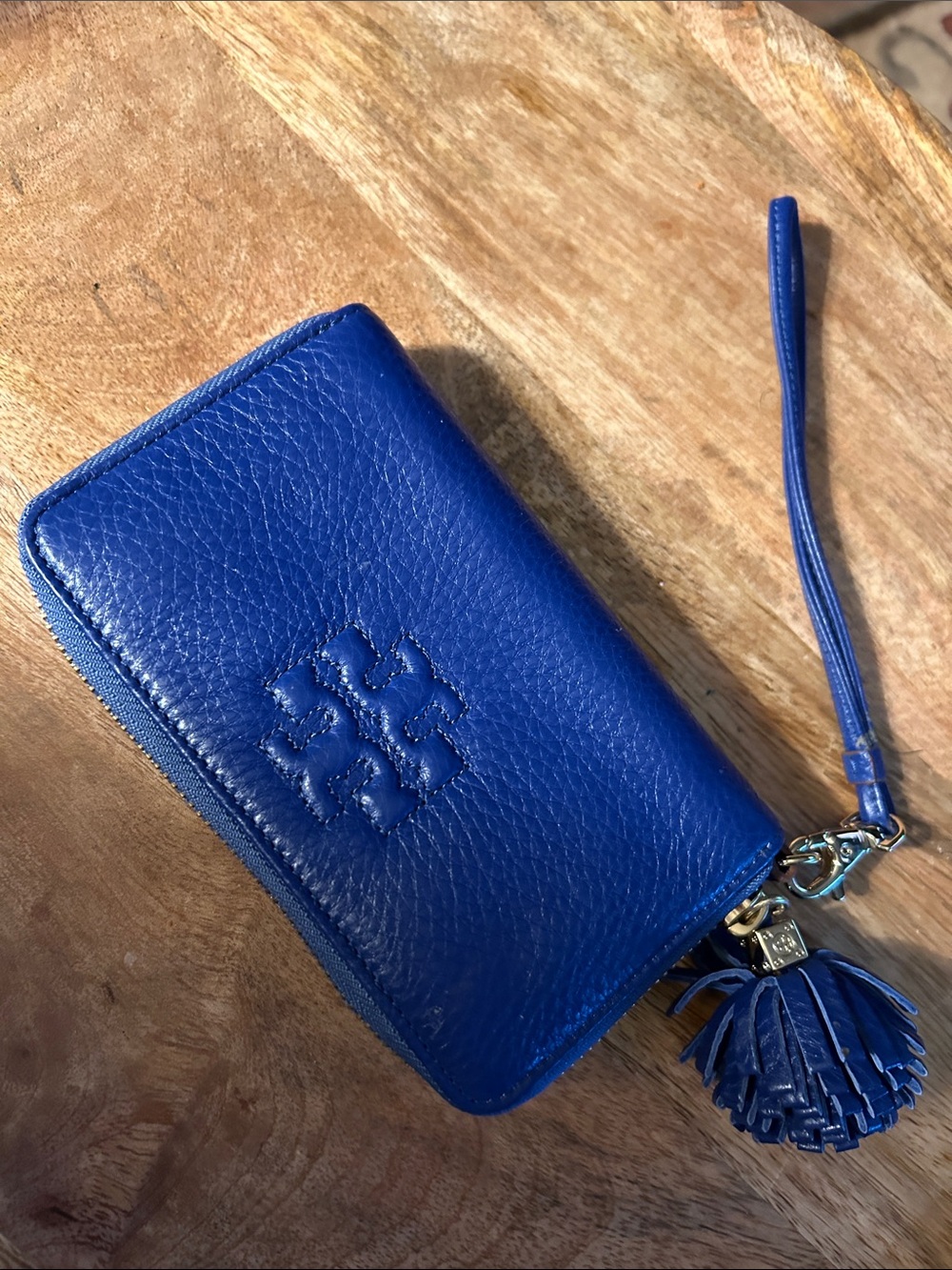 Tory Burch Cobalt Blue Pebbled Leather Zip Wallet with Tassel Wristlet